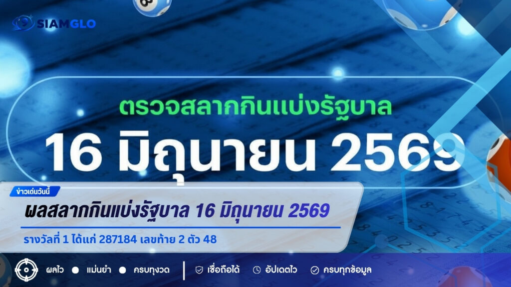 ผลสลากกินแบ่งรัฐบาล 16 มิถุนายน 2569 ออกแล้ว รางวัลที่ 1 ได้แก่ 287184 เลขท้าย 2 ตัว 48