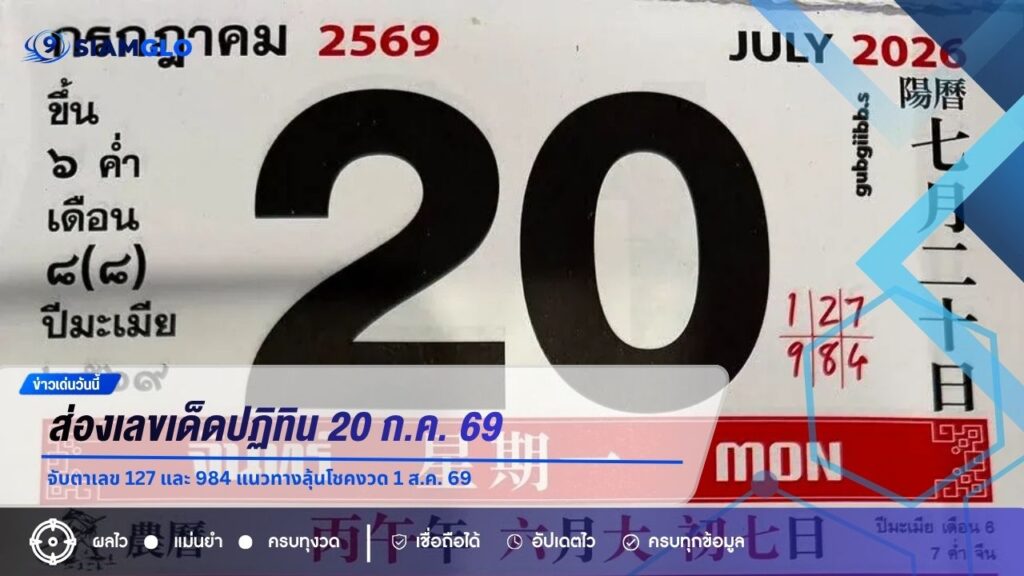 ส่องเลขเด็ดปฏิทิน 20 ก.ค. 69 จับตาเลข 127 และ 984 แนวทางลุ้นโชคงวด 1 ส.ค. 69