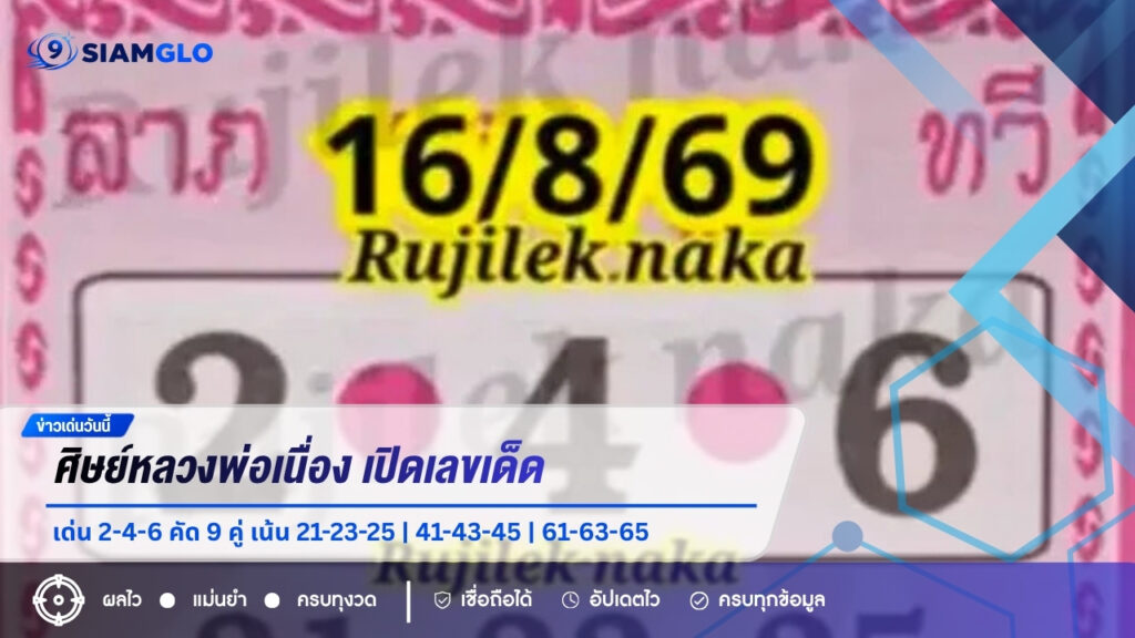 ศิษย์หลวงพ่อเนื่อง เปิดเลขเด็ดงวด 16 สิงหาคม 2569 เด่น 2-4-6 คัด 9 คู่ เน้น 21-23-25 | 41-43-45 | 61-63-65