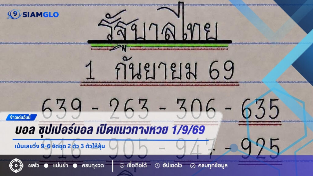 บอล ซุปเปอร์บอล เปิดแนวทางหวย 1/9/69 เน้นเลขวิ่ง 9-6 จัดชุด 2 ตัว 3 ตัวให้ลุ้น