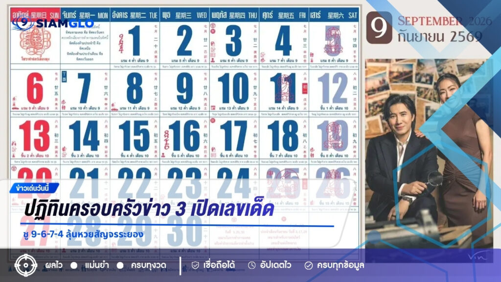 ปฏิทินครอบครัวข่าว 3 เปิดเลขเด็ดงวด 1 กันยายน 2569 ชู 9-6-7-4 ลุ้นหวยสัญจรระยอง