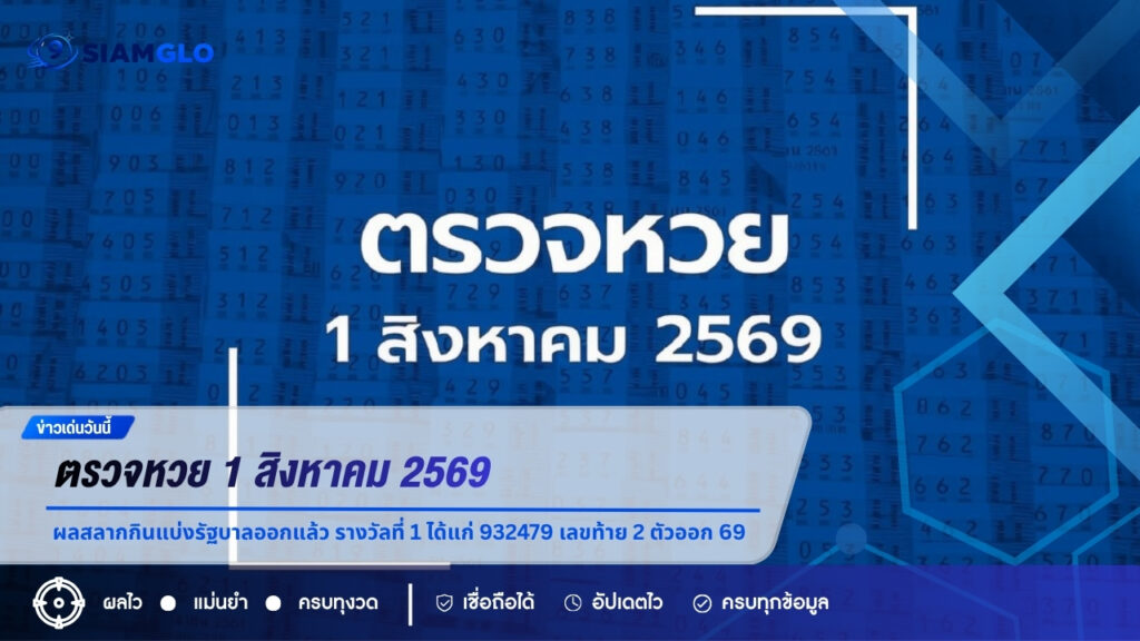 ตรวจหวย 1 สิงหาคม 2569 ผลสลากกินแบ่งรัฐบาลออกแล้ว รางวัลที่ 1 ได้แก่ 932479 เลขท้าย 2 ตัวออก 69