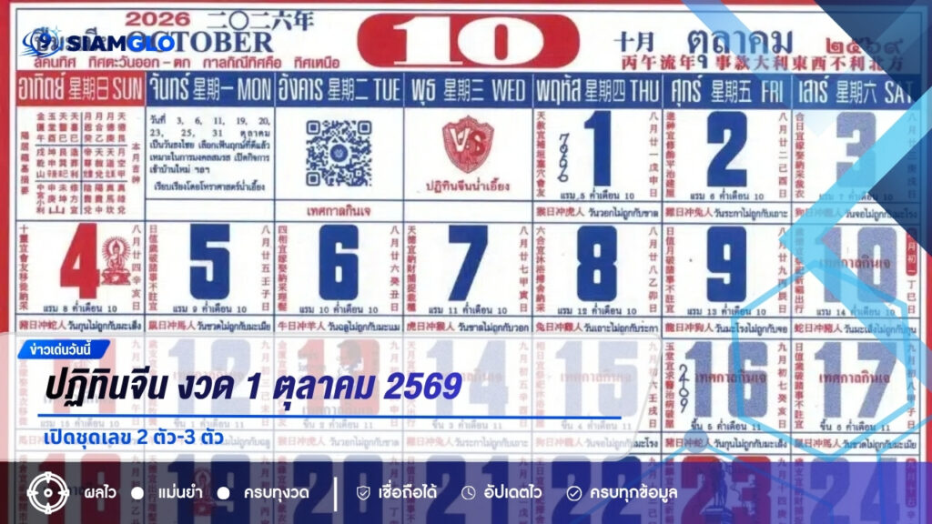 ปฏิทินจีน งวด 1 ตุลาคม 2569 เปิดชุดเลข 2 ตัว-3 ตัว