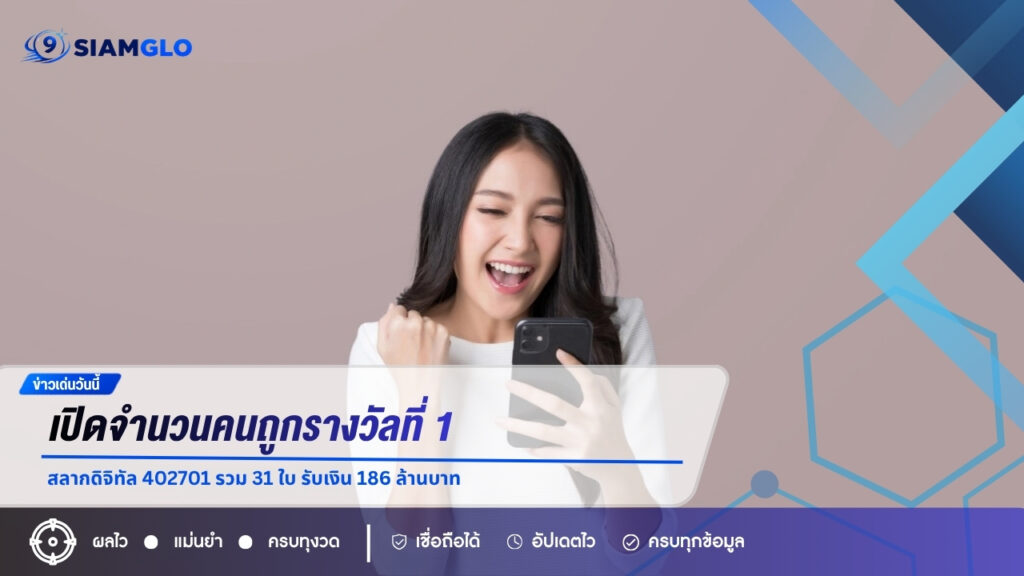 เปิดจำนวนคนถูกรางวัลที่ 1 สลากดิจิทัล 402701 รวม 31 ใบ รับเงิน 186 ล้านบาท