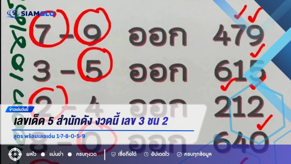 เลขเด็ด 5 สำนักดัง งวดนี้ เลข 3 ชน 2 สูตร พร้อมเลขเด่น 1-7-8-0-5-9